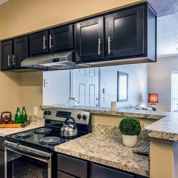 SBTX_kitchen_gallery_jan23 kitchen with dark cabinets and an electric oven at summer brook apartments